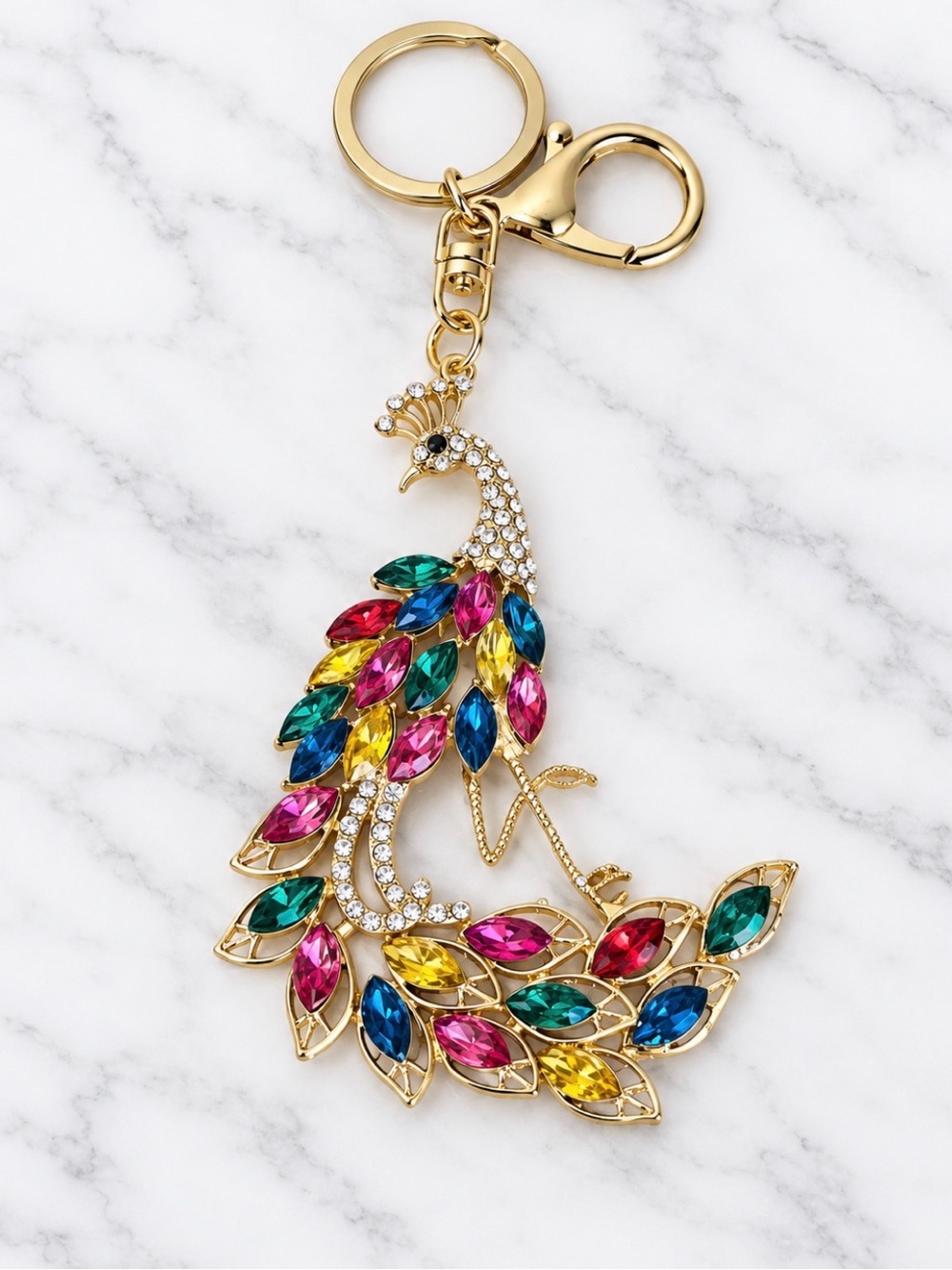 Peacock Bag Charm/Keyring with Multicolor Crystal Feather Accents-Gold Hardware